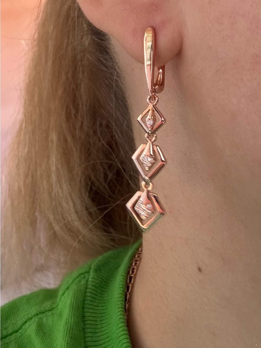 14K 585 Rolled Rose Gold Dangle Earrings - Picture 9 of 9